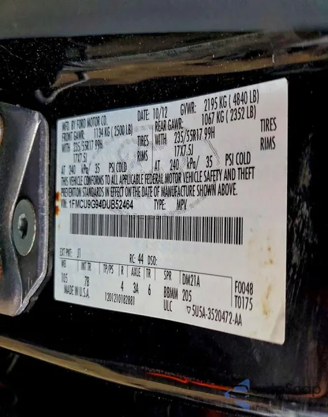 2013 Ford Escape Se from USA, damaged, VIN 1FMCU9G94DUB52464